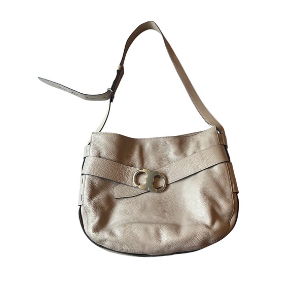 Tory Burch Leather Gemini  Lock Bag Hobo Purse Taupe Crossbody Designer - Picture 1 of 12